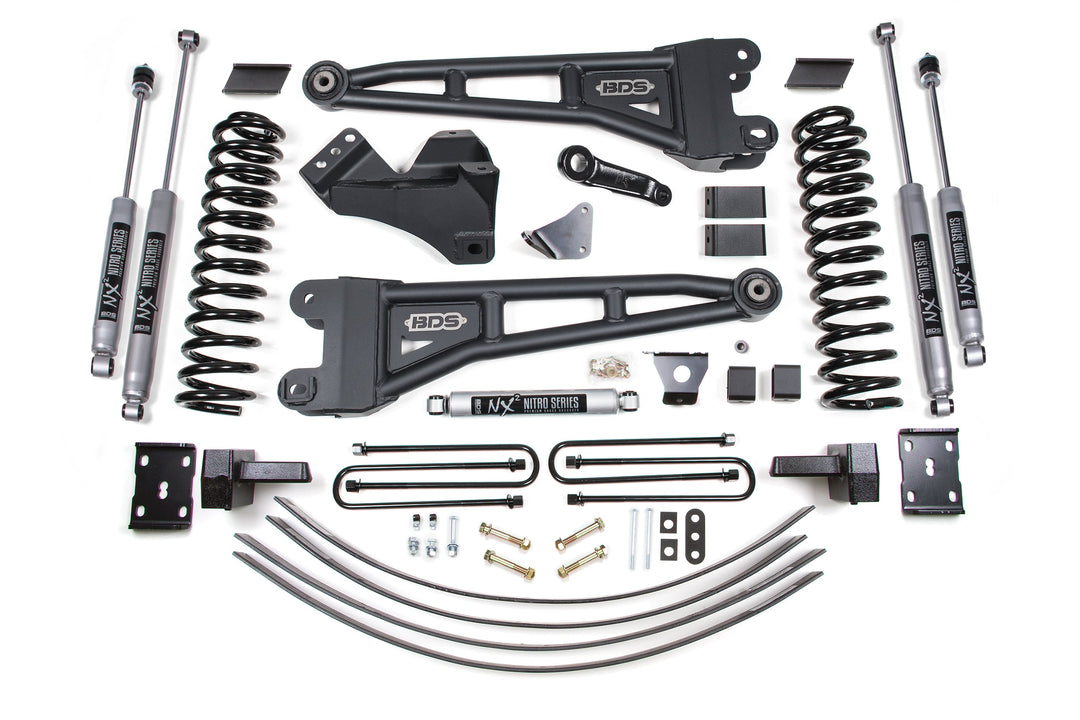 BDS Suspension 6 Inch Lift Kit w/ Radius Arm Ford F250/F350 Super Duty 2005-2007 4WD Diesel - 4 Inch Block Kit + Add-A-Leaf Without Overload / NX2 Nitro Series