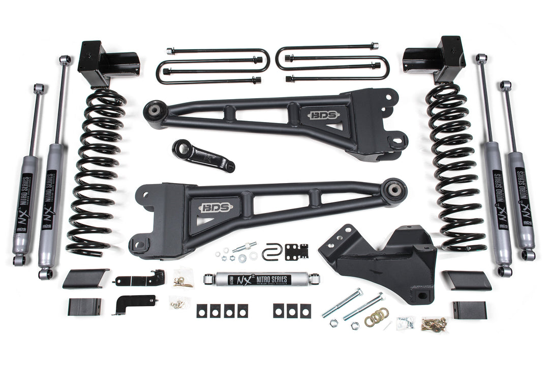 BDS Suspension 4 Inch Lift Kit w/ Radius Arm Ford F250/F350 Super Duty 2017-2019 4WD Gas - 5 Inch Block With 2 and 3 Leaf Main / NX2 Nitro Series