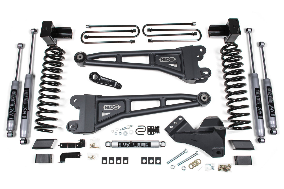 BDS Suspension 4 Inch Lift Kit w/ Radius Arm Ford F250/F350 Super Duty 2017-2019 4WD Gas - 5 Inch Block With 2 and 3 Leaf Main / NX2 Nitro Series