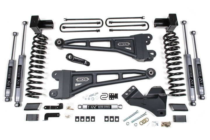 BDS Suspension 4 Inch Lift Kit w/ Radius Arm Ford F250/F350 Super Duty 2017-2019 4WD Gas - 5 Inch Block With 2 and 3 Leaf Main / NX2 Nitro Series