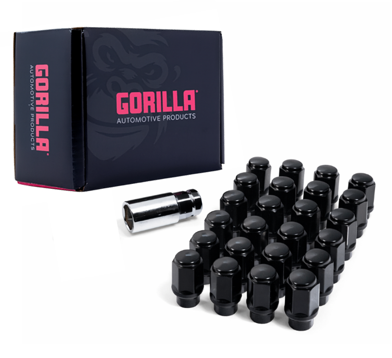 Hex Standard Acorn Bulge Extended Thread Lug Nuts - 3/4" Hex - 14mm x 1.50 Thread Size - Black Finish - Set of 24