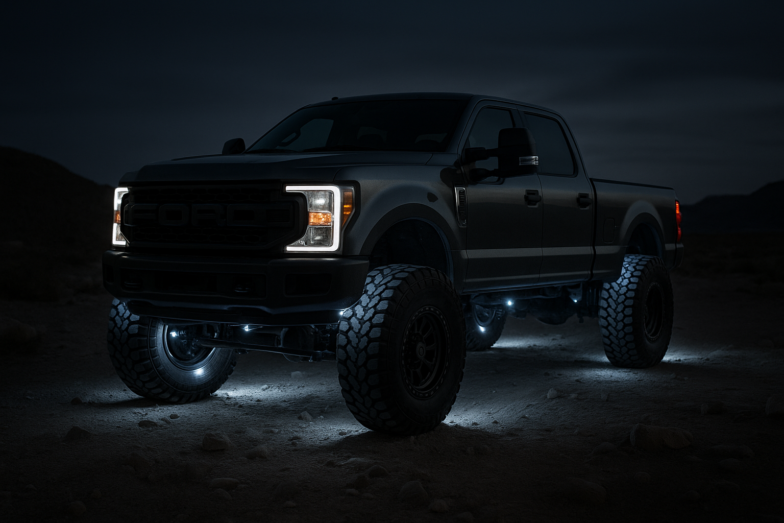 f250 with35s and rock lights
